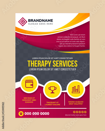 Mental Health Awareness Flyer Template, Therapy services Support brochure, banner, poster, leaflet design. space for photo collage and text. combination yellow and white on element.  pink background.