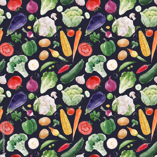 Beautiful vector seamless pattern with hand drawn watercolor healthy vegetable food. Eggplant cabbage corn broccoli zucchini lettuce papper potato illustrations