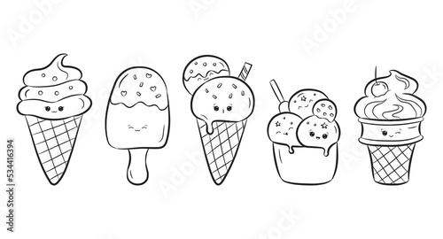 Set of cute ice cream isolated on white background. Collection of ice cream with happy kawaii face in doodle style. Coloring book. Vector Illustration