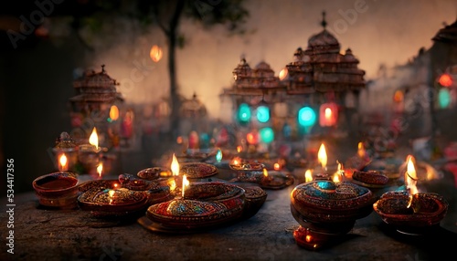 Fotografia AI generated or 3D illustration of numerous earthen lamps lit during Diwali or D