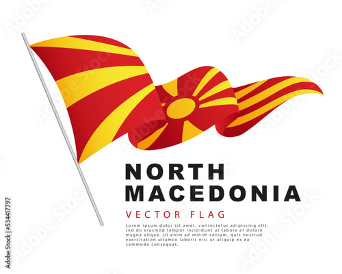 The flag of North Macedonia hangs on a flagpole and flutters in the wind. Vector illustration isolated on white background.