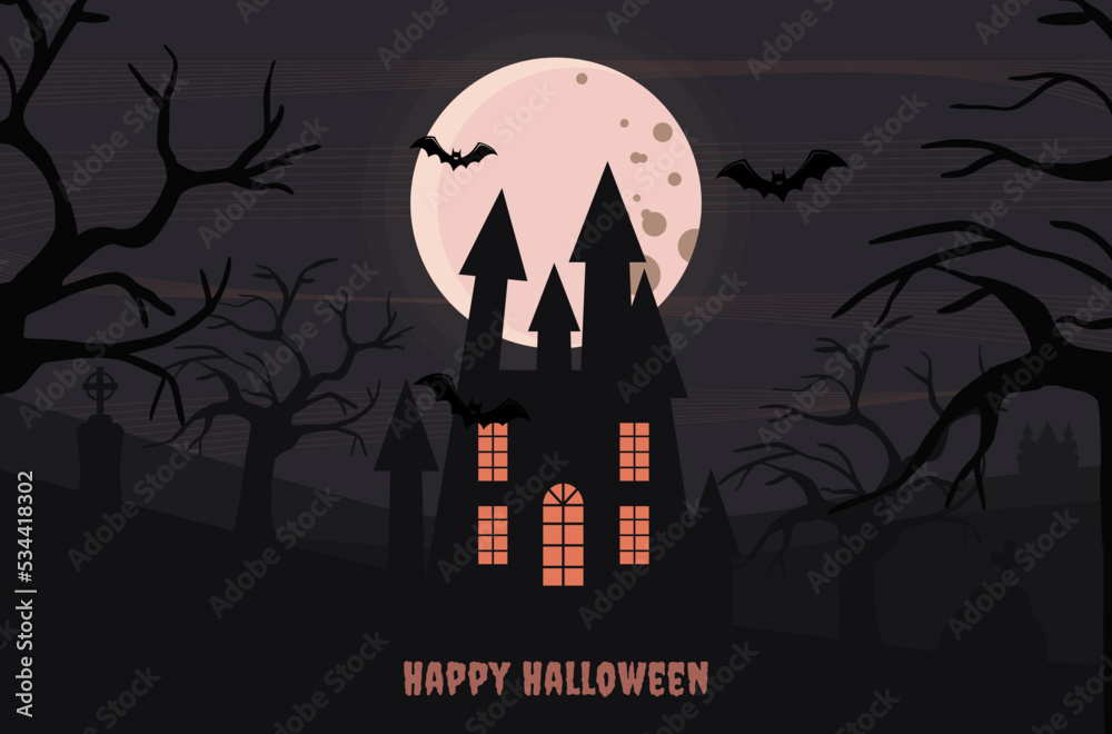Lettering Happy Halloween scary haunted castle in cemetery trees bats and full moon