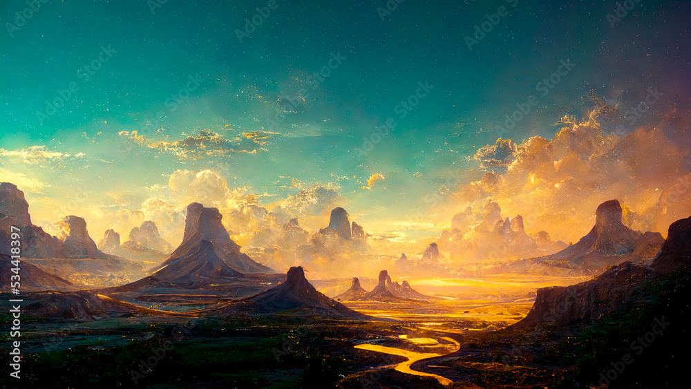 mountain fantasy landscape with plain and high hills in fantasy style