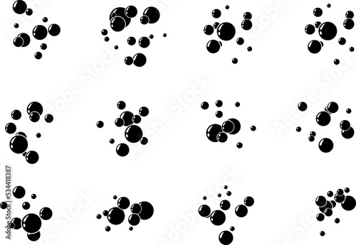 Underwater air bubbles decoration elements. Fizzy water or soap foam texture. Vector isolated silhouette design element. Icon collection