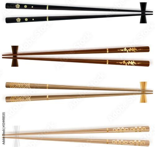 Chopsticks. Traditional wodden japanesse  food utensil with golden decorative elements. Realim style.