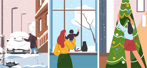 Winter season joy, decorating tree staying at home