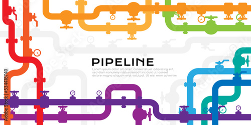 Pipelines colorful textured background with copy space. Industrial vector banner with pipes and equipment. photo
