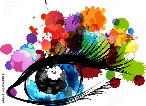 Beautiful blue eye with rainbow paint splash decorative elements. Conceptual vector illustration in artistic style.