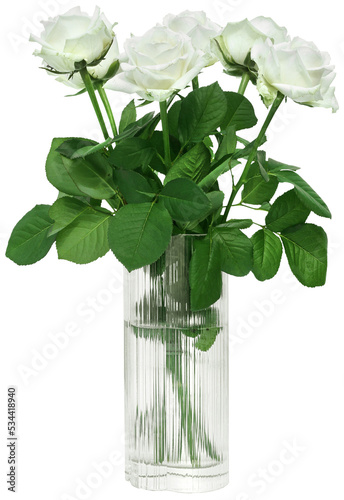 Foto Beautiful white roses bouquet in a stylish glass vase isolated