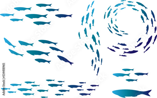 Colony of swiming sea or aquarium fishes. Group of silhouttes .