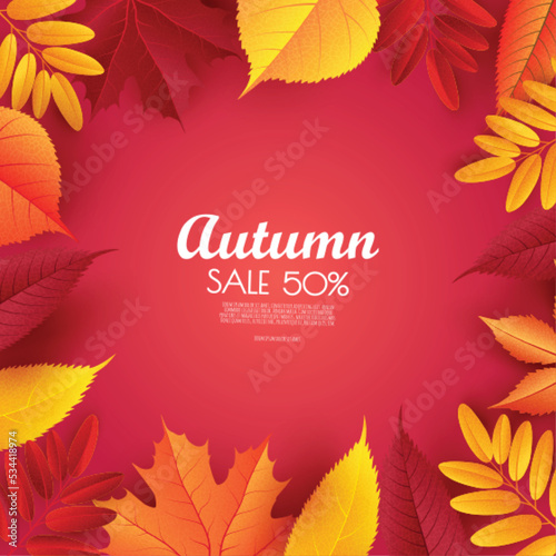 Abstract vector illustration Autumn sale background with falling autumn leaves.