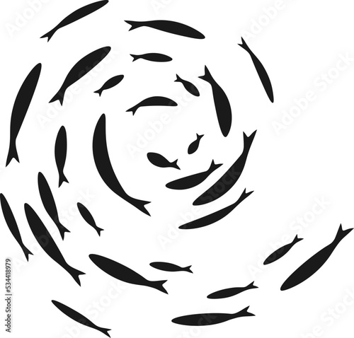 Colony of swiming sea or aquarium fishes. Group of silhouttes .