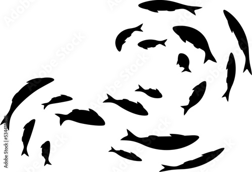 Colony of swiming sea or aquarium fishes. Group of silhouttes .
