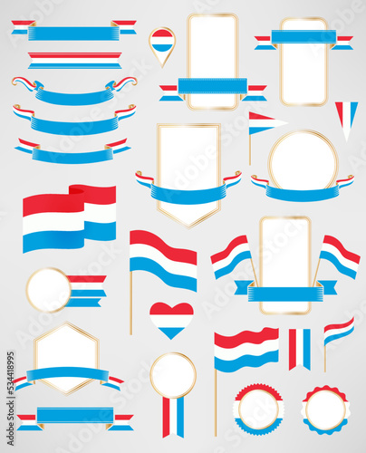 Luxembourg flag decoration elements. Banners, labels, ribbons, icons, badges and other vector design element with flag of Luxembourg