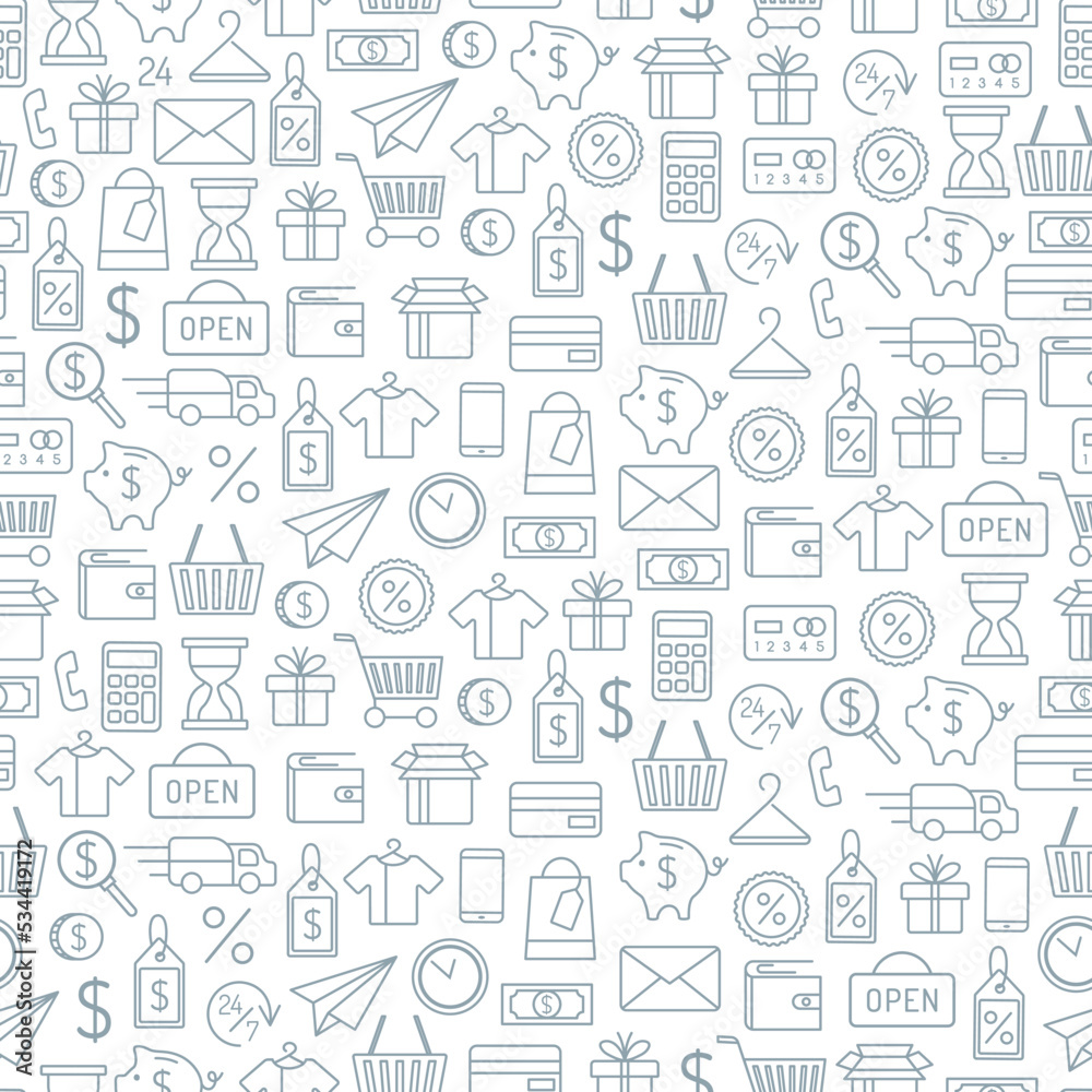 Shopping background. Seamless pattern with line art icons.
