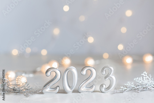 Photography happy new year 2023 background new year holidays card with bright lights,gifts a