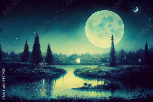 Fantasy magical enchanted fairy tale landscape with forest lake, fabulous fairytale garden. mysterious blue background and glowing moon ray in night photo