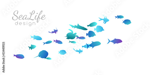 Colony of swiming sea or aquarium fishes. Group of underwater animals. Collection of isolated vector decoration.