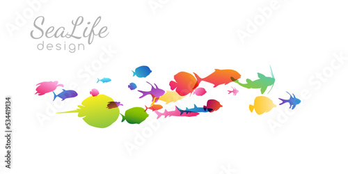 Colony of swiming sea or aquarium colorful fishes. Group of color silhouettes . Collection of isolated vector decoration.