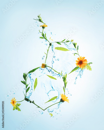 Serotonin molecule from flowers and splashes of water, joy of summer concept