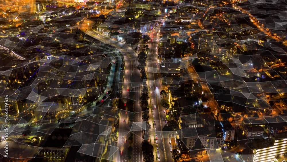 Metaverse, smart city and night traffic network, drone and aerial 3d future cyber digital town. Web field, connection and iot blockchain graphics nodes, communication or big data and highway lights.