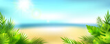 Summer tropical panoramic landscape. Vector horizontal background with sky, clouds, beach and palm leaves.