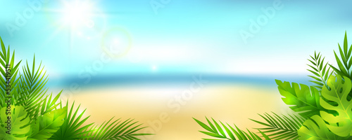 Summer tropical panoramic landscape. Vector horizontal background with sky, clouds, beach and palm leaves.