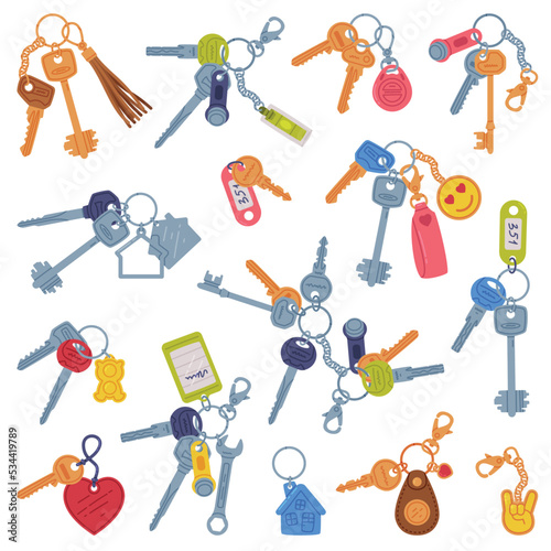 Trinket with Keys Hanging with Keychain or Keyring Vector Set