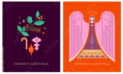 Greeting card background with Christmas angel and Xmas decorative elements. Colorful vector illustration in flat geometric cartoon style