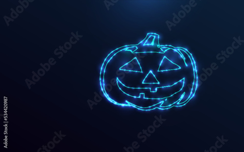 Starry pumpkin on deep blue background. Traditional Halloween symbol, neon blue outline. Vector drawing with stars and sparks. 