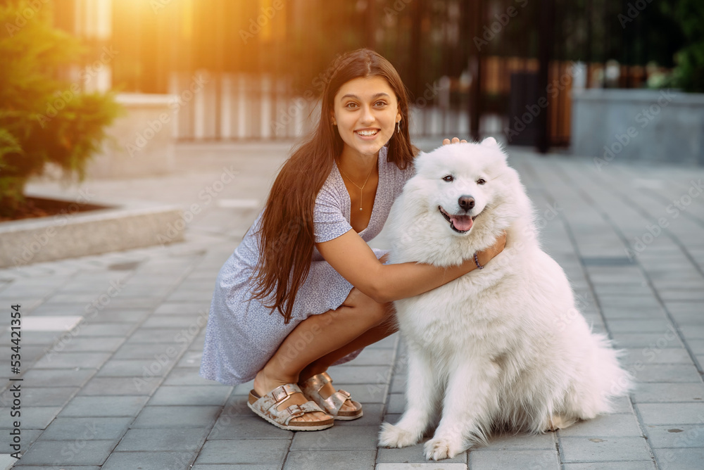 Woman hugs a big dog at sunset