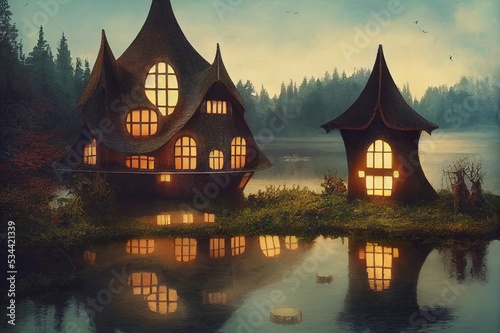 Fairytale acorn house on water. High quality illustration