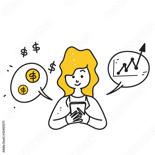 hand drawn doodle mobile phone with economic statistic arrow illustration