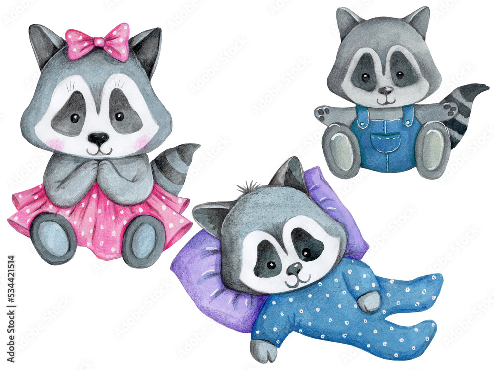 Cute cartoon baby raccoon, watercolor hand drawn illustration for children design and print. Isolated on white background.