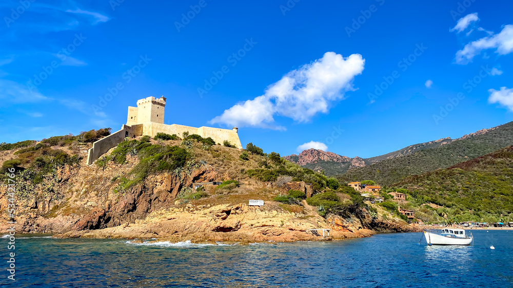 The Scandola Nature Reserve.  South-west of Calvi, on the Cape Girolata peninsula. Beautiful coast of Corsica in September.