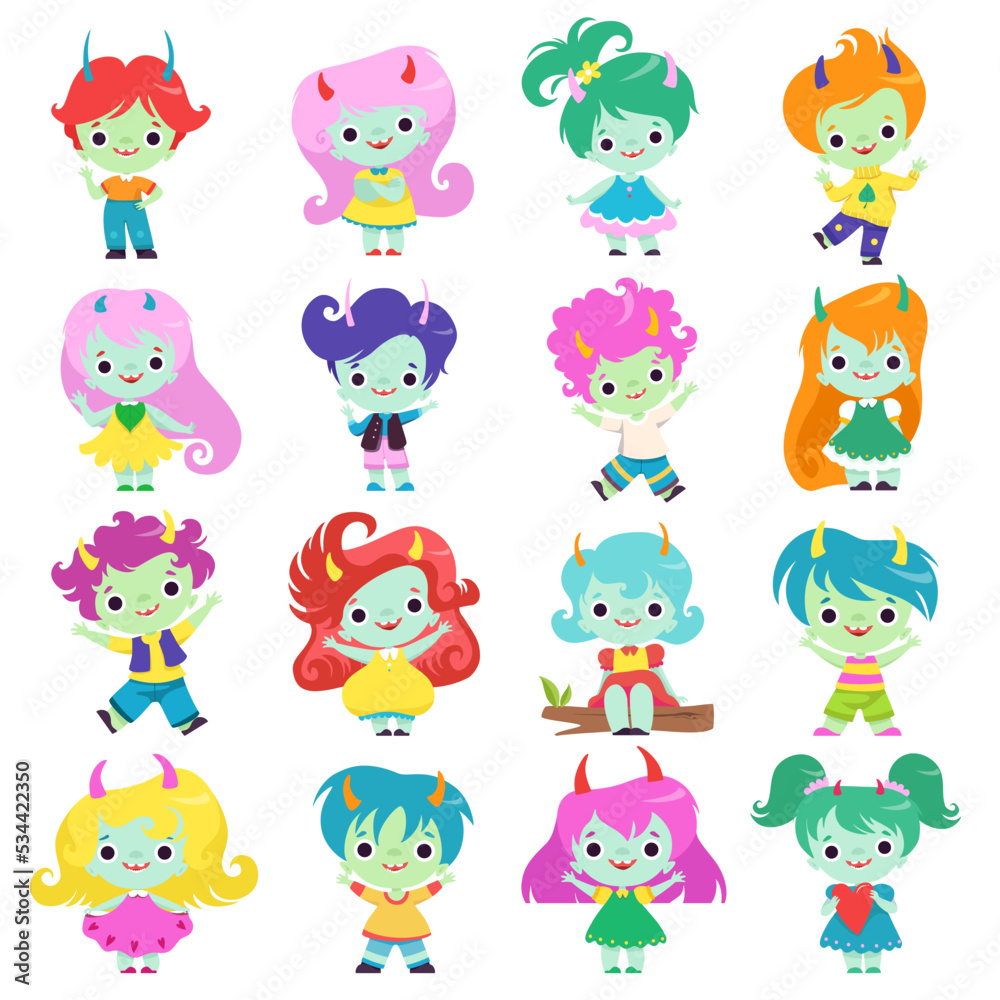 Tiny Troll Characters with Different Hair Color and Little Horns Big Vector Set