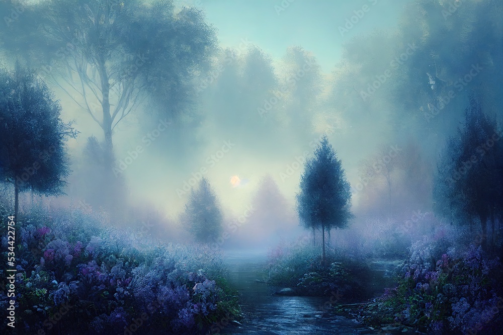 Obraz premium Enchanted garden mist blue soft. High quality 2d abstract illustration