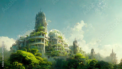 Post apocalyptic city  futuristic overgrown buildings  concept art. 3d illustration