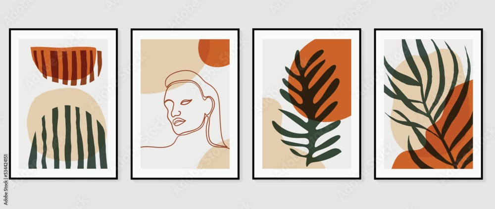 Abstract vintage wall art background vector. Collection of organic shapes, woman portrait, leaf, foliage, botanical, line art. Trendy poster set for wall decoration, interior, wallpaper, banner.
