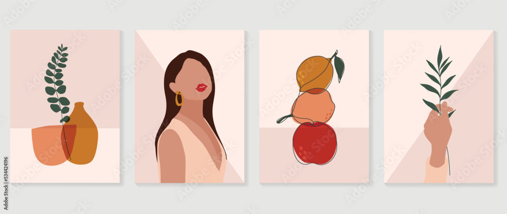 Abstract vintage wall art background vector. Collection of fruits, woman portrait, leaves, vases, botanical, line art, hand. Trendy style poster set for wall decoration, interior, wallpaper.