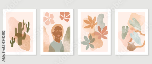 Abstract watercolor wall art background vector. Collection of woman portrait, flowers, lemon, leaf branch, vases, cactus. Trendy style poster set for wall decoration, interior, wallpaper, banner. © TWINS DESIGN STUDIO