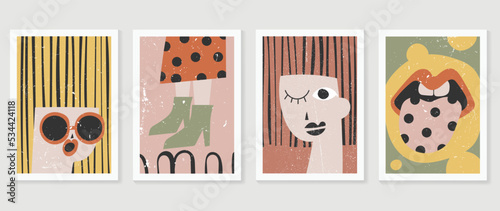 Abstract vintage wall art background vector. Collection of organic shapes, women portrait with faces, lips, shoes, hair, sunglasses. Trendy poster set for wall decoration, interior, wallpaper, banner.