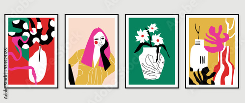 Abstract colorful wall art background vector. Collection of organic shapes, women portrait, plant, leaf, flowers, vases. Trendy poster set for wall decoration, interior, wallpaper, banner.