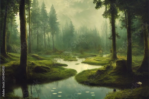Fantasy landscape in the forest with a pond. High quality illustration