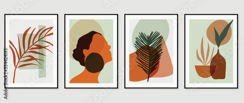 Abstract vintage wall art background vector. Collection of organic shapes, woman portrait, tropical leaf, vases, botanical, line art. Trendy style poster set for wall decoration, interior, wallpaper.