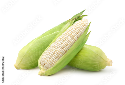 Foto Fresh white corn isolated on white background. Clipping path.