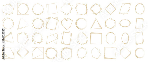 Luxury gold geometric frame element. Collection of different shapes, heart, rectangle, circle, polygon, hexagon, oval, triangle. Design for wedding card, invitations, logo, book cover and poster.