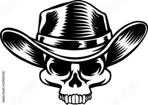 A cowboy human skull and wearing a western style hat. Grim reaper western wild west cartoon.