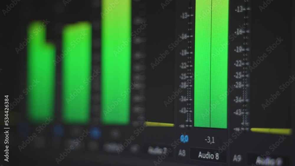 Audio monitoring. Multiple audio meters on screen. Close up