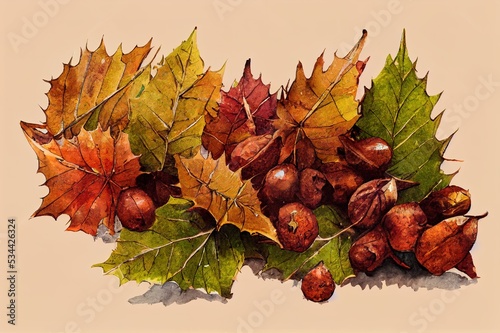 Autumn fallen chestnut leaves, brown chestnut seeds, round green spiky fruits in peel. autumn still life. Hand drawn watercolor illustration on white background for cards, print, banner, packaging.